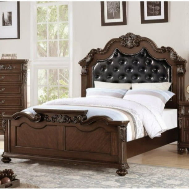 Ornated Carved & Upholstered Black PU Tufted Wooden Queen Bed Dark