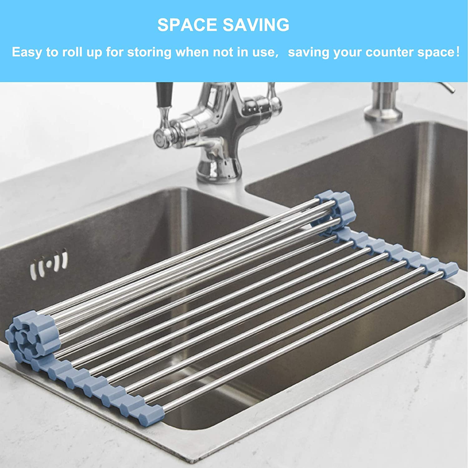 2x Kitchen Stainless Steel Sink Drain Rack Roll Up Dish Drying Drainer Mat  18x15
