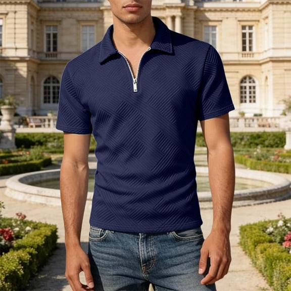 BRGZLK Men's Zipper Polo Shirts Summer Trendy Short Sleeve Soild Color Texture Tees Casual Classic Fit Knit Turn-Down Collar Golf Top Shirt Navy XXL