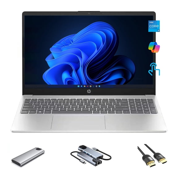 HP 15.6" Business Laptop, HD Touchscreen, 10-Core Intel Core i5-1235U, 32GB RAM, 1TB SSD   256GB Portable SSD Hub, KeyPad, HDMI, USB-C, Win 11, Natural Silver