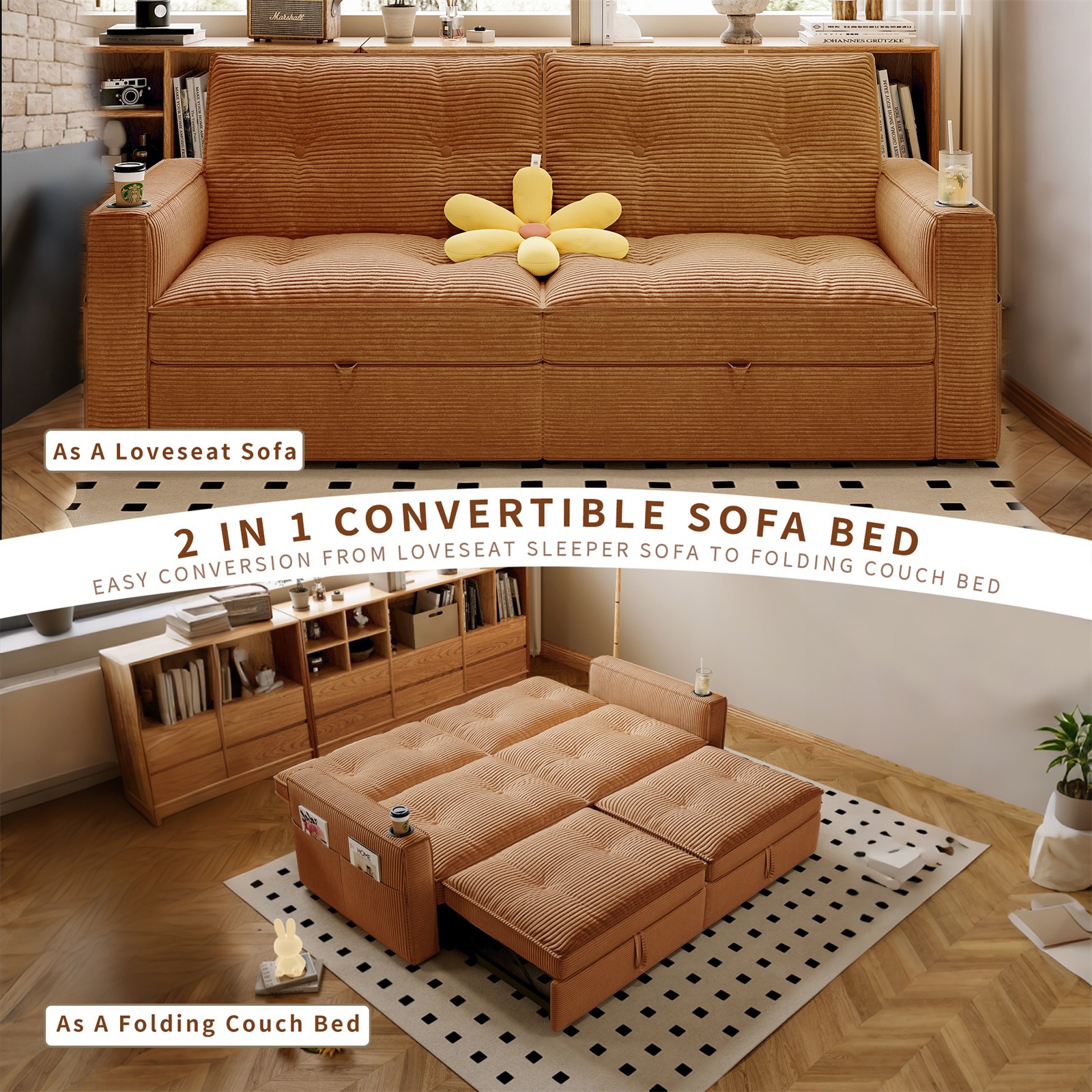Hommoo 70" Convertible 2-in-1 Pull Out Couch Bed, Multi-Functional Corduroy Loveseat Sleeper Sofa Bed, Orange