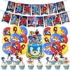 32PCS Sonic Birthday Party Decorations, Sonic Party Supplies Include 1 Banner, 18 Balloons, 1 Cake Topper, 12 Cupcakes Toppers, Cartoon Anime Decorations Favor for Boys