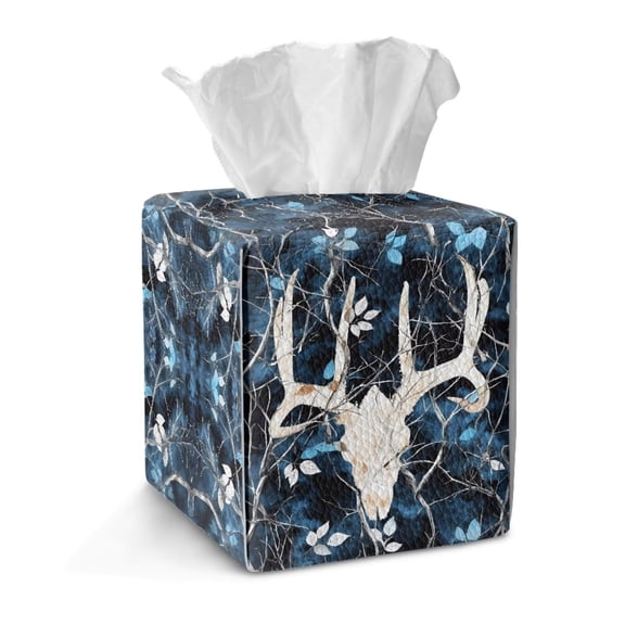 COEQINE PU Leather Square Tissue Box Cover, Snap Closure for Easy Refill & Storage, Universal Decorative Tissue Holder for Home Bedroom Car Office Desk, Deer Skull Camo Hunting Forest