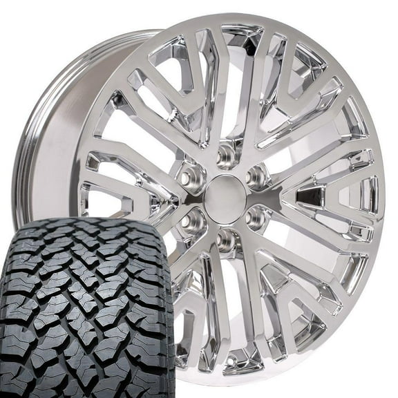 OE Wheels CV37 22 Inch Rims and Tires Fit Sierra 1500 Style 6x139.7 22x9 Chrome - Hollander 5906 - TS-37 AT 285/45-22 (Set of 4)