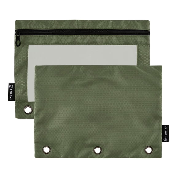2 Pack 3 Ring Binder Pouch with Clear PVC Window Water Resistant Zipper Pencil Pouch Solid Olive Green Color Tone Binder Pocket for Classroom Office Home Stationery Organization