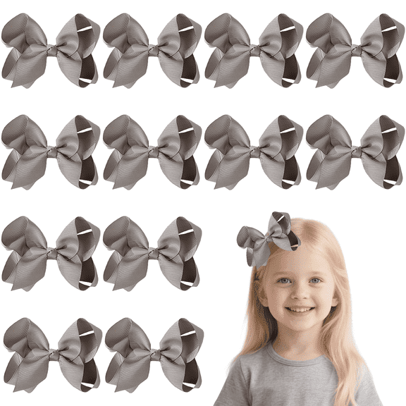 JoyBowie 12pcs 4.5inch Gray Ribbon Hair Bows for Girls Daily Party School Hairstyling