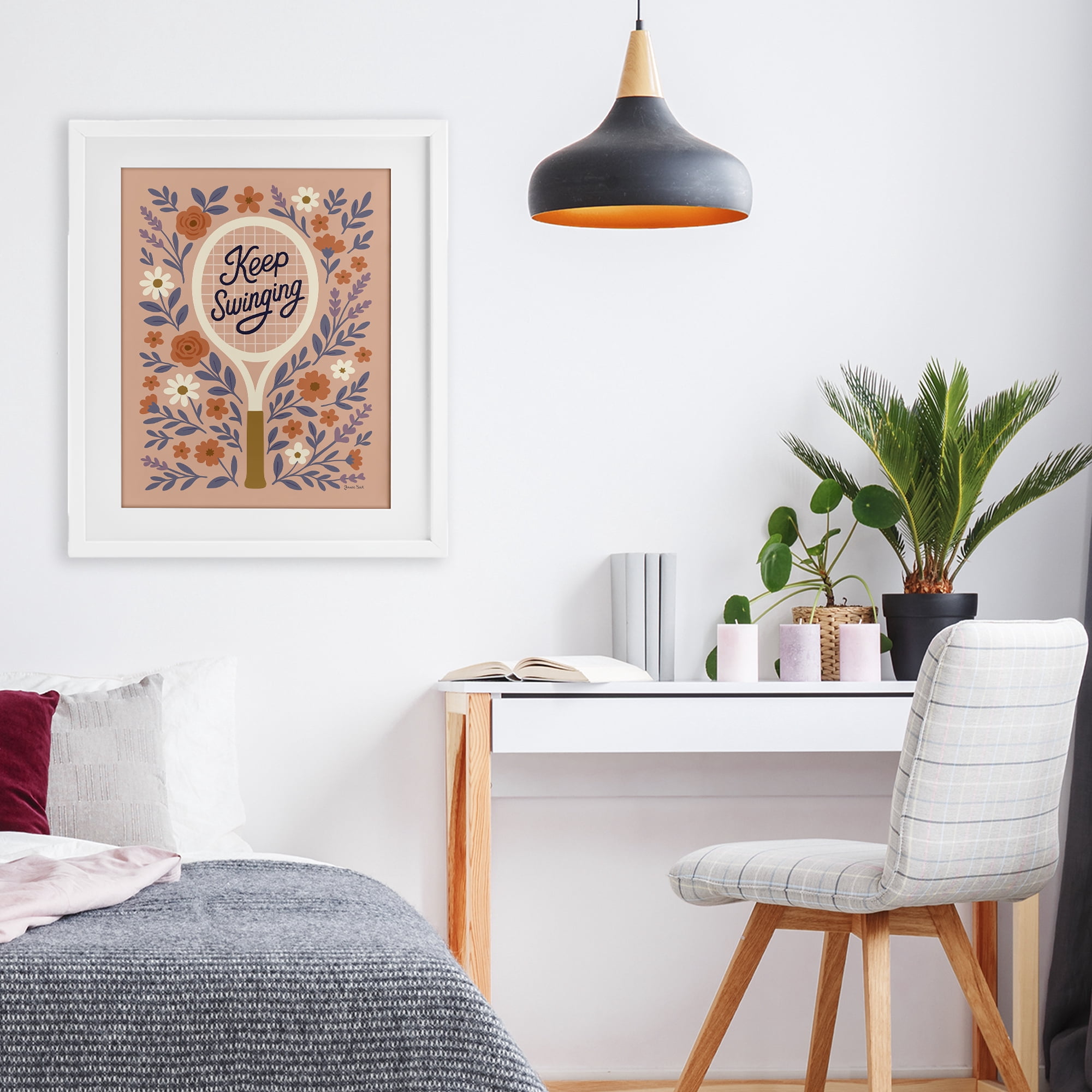 Stupell Industries Keep Swinging Floral Tennis White Framed Print Under Glass, design by Jessica Beck
