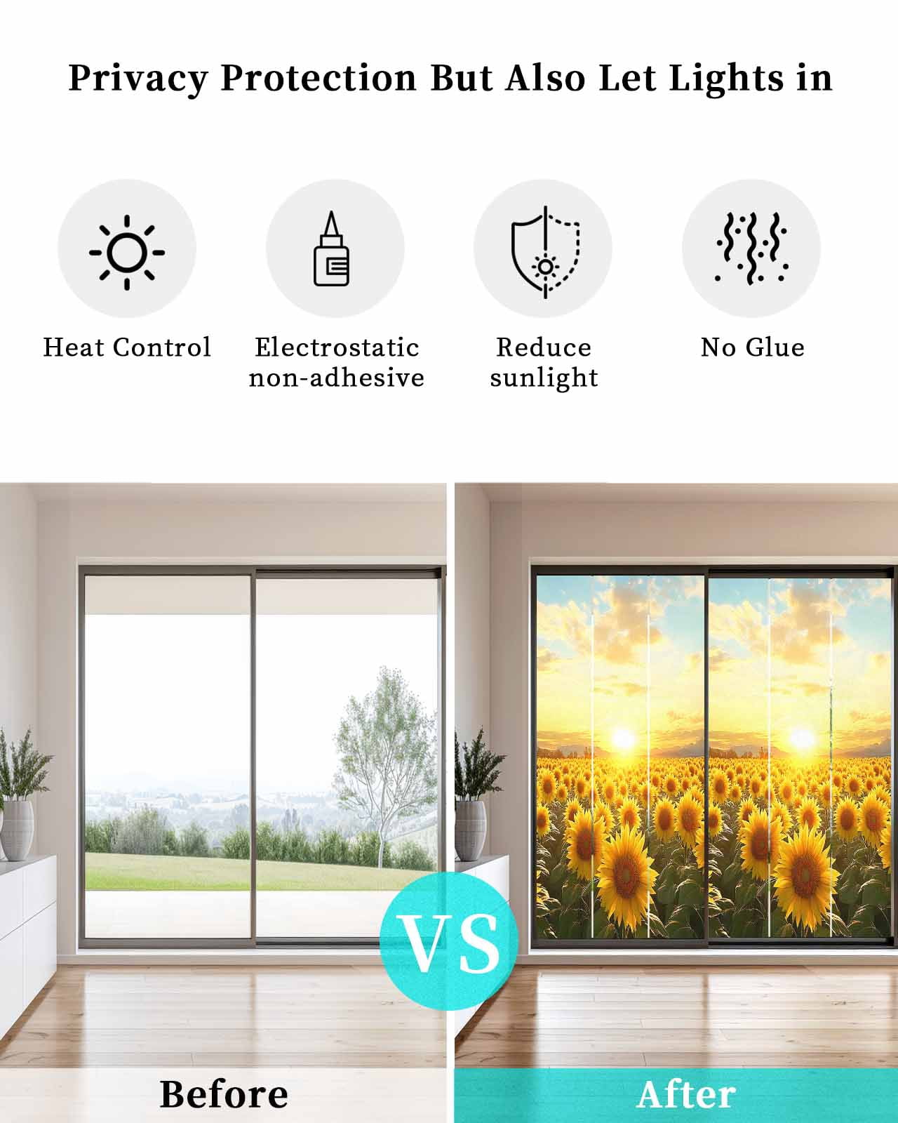 Window Privacy Film Sunflower Flowers Stained Glass Window Film Decorative Sun Block Window Cover Summer Watercolor Floral Field Window Clings Static Adhesive Sticker for Bathroom 23.6"x59"