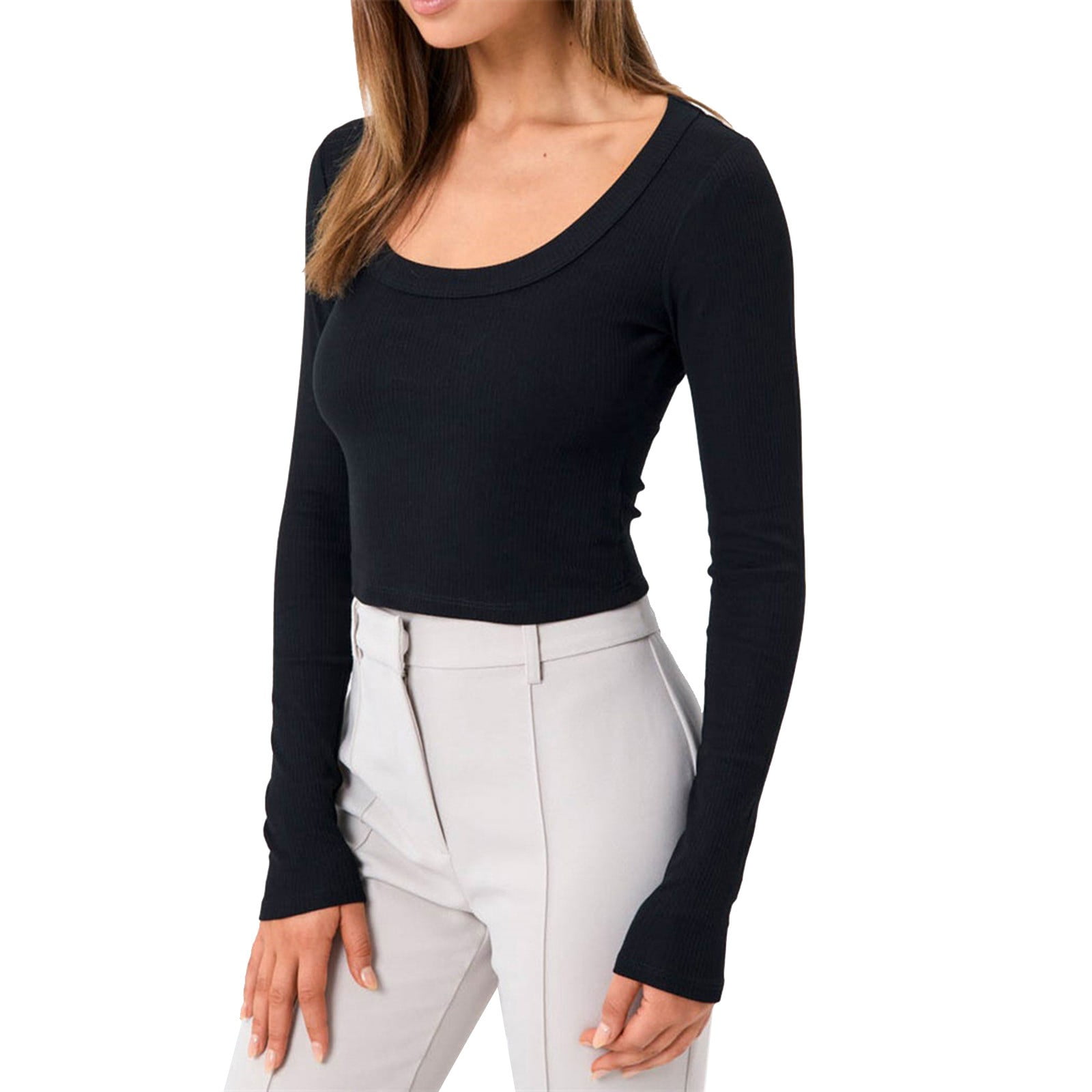 Long Sleeve V Neck Shirts Slim Fit Knitted Blouse Round Neck Tops Women's  Solid Color T Shirt Plus Size Lightweight Tees For Ladies All Season 