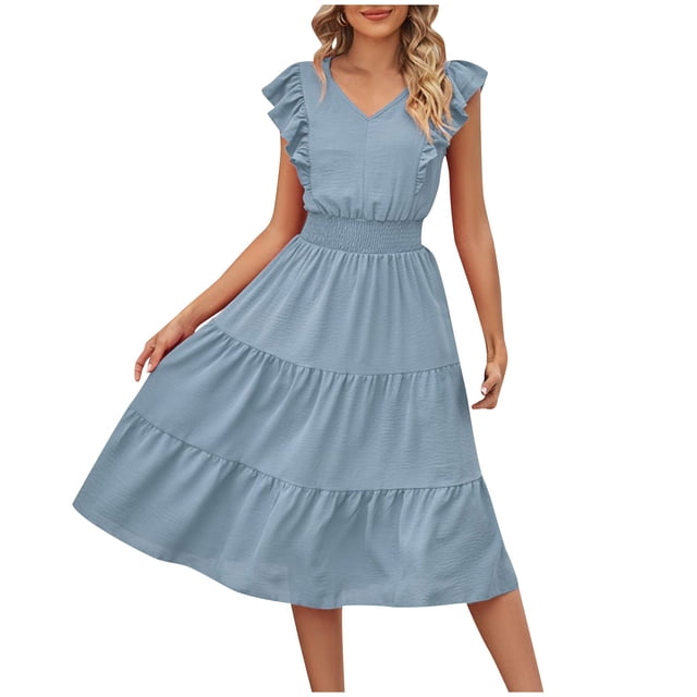 AherBiu Robe Midi Boho pour Femmes à Volants, Manches Courtes Style Cap, Col en V, Taille Smockée, Été, Décontractée, Fluide, Voyage