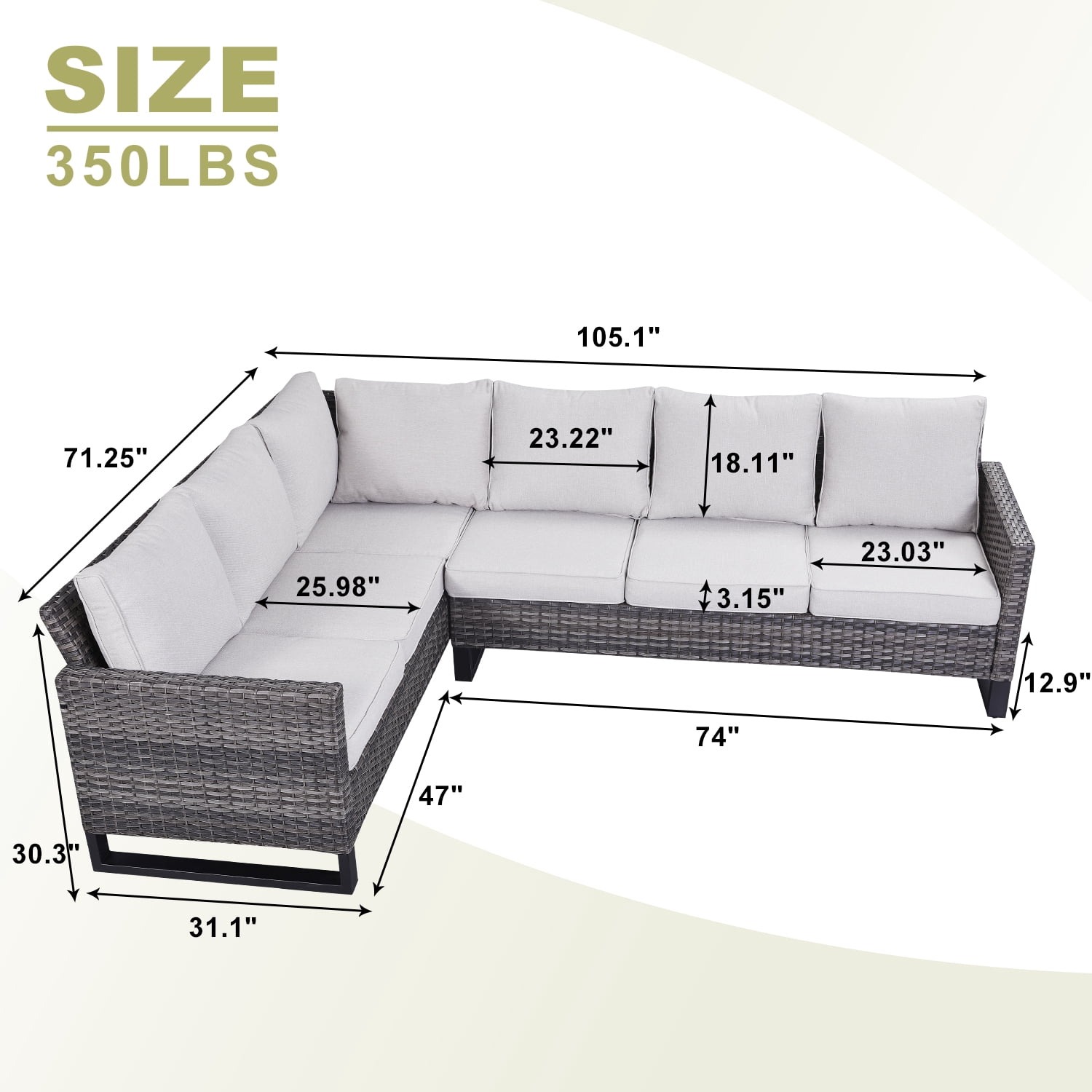 POCASSY Outdoor Furniture Set with Outdoor Sectional Sofa, 102 Inch Width Patio L Shape Sectional Sofa Gray Wicker Rattan Couch for Porch Deck Backyard, Gray/Beige