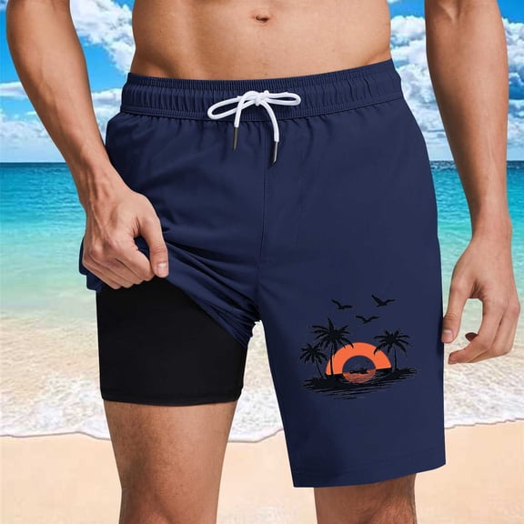 Mifsaly Beach Shorts for Men Sunset Scene Print Swim Trunks Quick-Dry 2 In 1 Bathing Suit with Compression Liner and Pockets Summer Vacation Short Pants