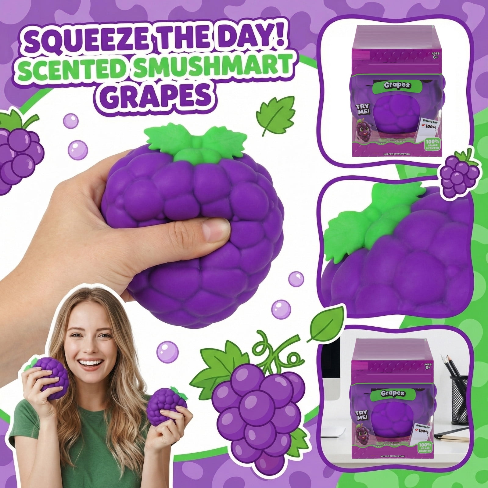 Squeezy Grapes - 6 Inch Ultra-Soft Slow Rising Jumbo Squishy Grapes, Stress Relief Toy for Adults, Focus & Relaxation