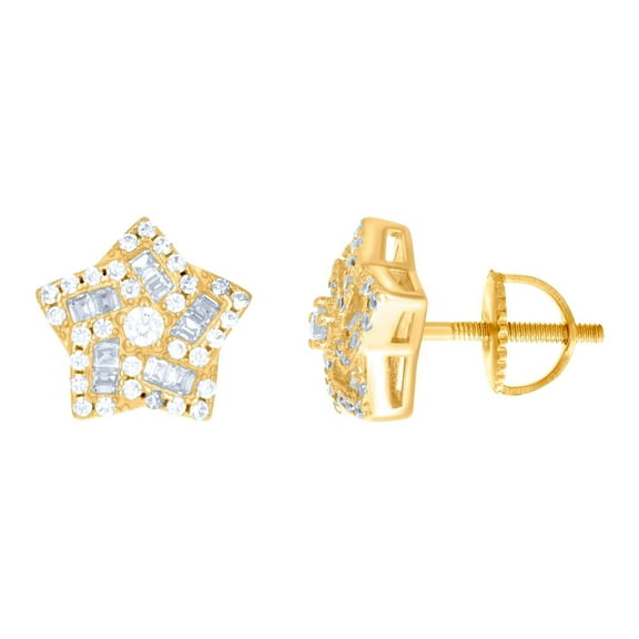 925 Sterling Silver Yellow-tone Womens Baguette Round Cubic Zirconia Star Stud Earrings 10.5x10mm Wide Stud Earring for