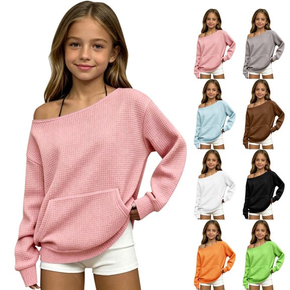Noothes Girls Off Shoulder Sweatshirt Knit Pullover Top, Long Sleeve Casual Top with Front Pocket for Teens Sweaters and Fall Clothes for Girls