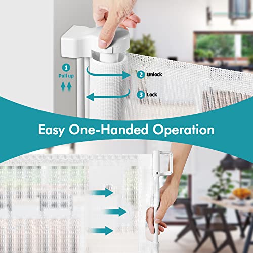 140 Inch Wide Retractable Baby Gates Retractable Dog Gate for Large Openings, Extra Wide Baby Gates for Dogs Indoor Retractable Gate Outdoor Pet Gate, Mesh Gates for Kids or Pets Dog Fence, White