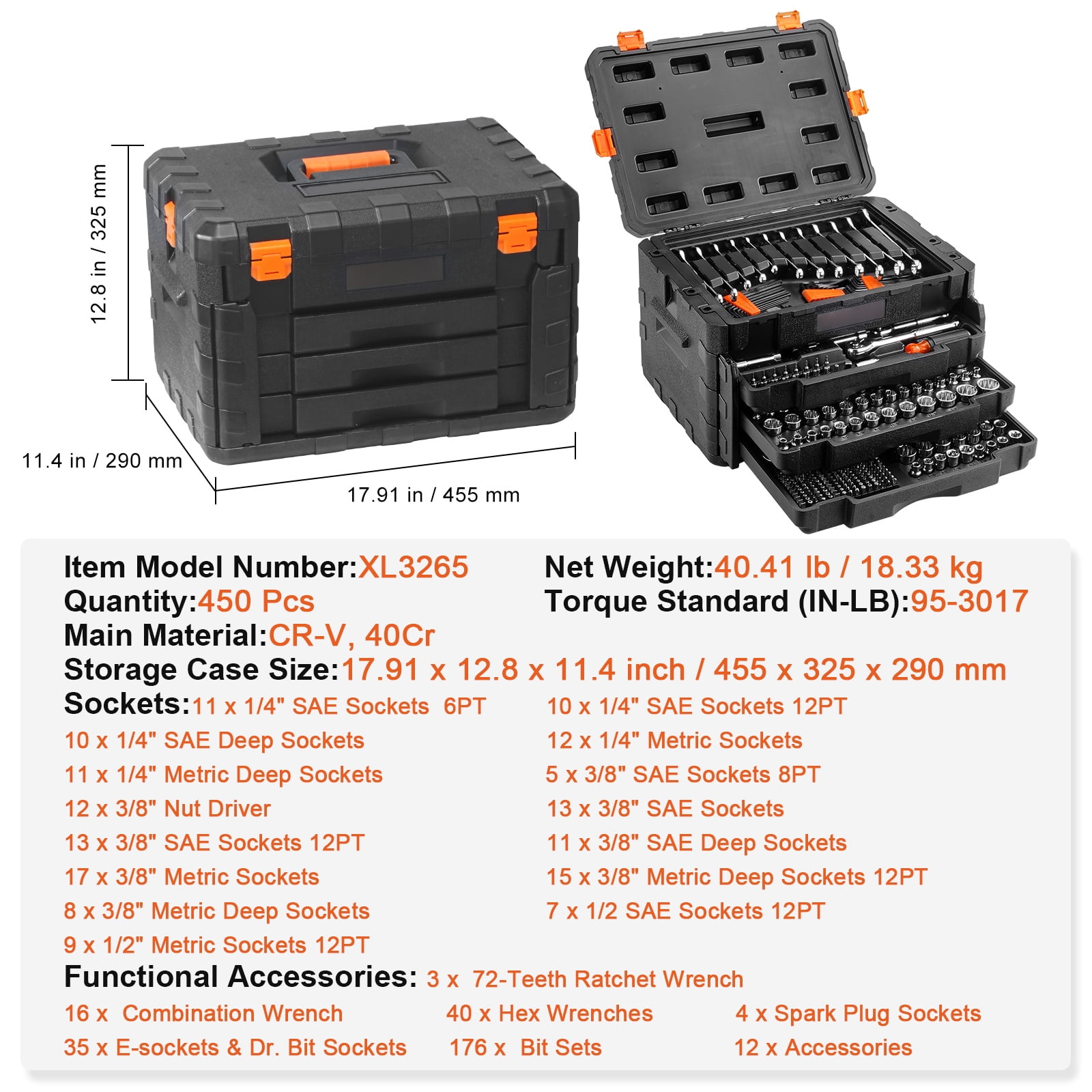 SYNYLIIFE Mechanics Tool Set and Socket Set, 1/4" 3/8" 1/2" Drive Deep and Standard Sockets, 450 Pcs SAE and Metric Mechanic Tool Kit with Bits, Combination Wrench, Hex Wrenches, Storage Case