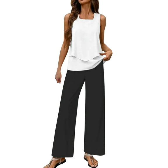 BLOCLOALO 2 Piece Lounge Set Sleeveless Tops Summer Outfits Sleeveless Sets Square Neck Tops Wide Leg Crop Pants Vacation Outfits Tunic Tops Comfy Lounge Sets Comfy Lounge Set Black L