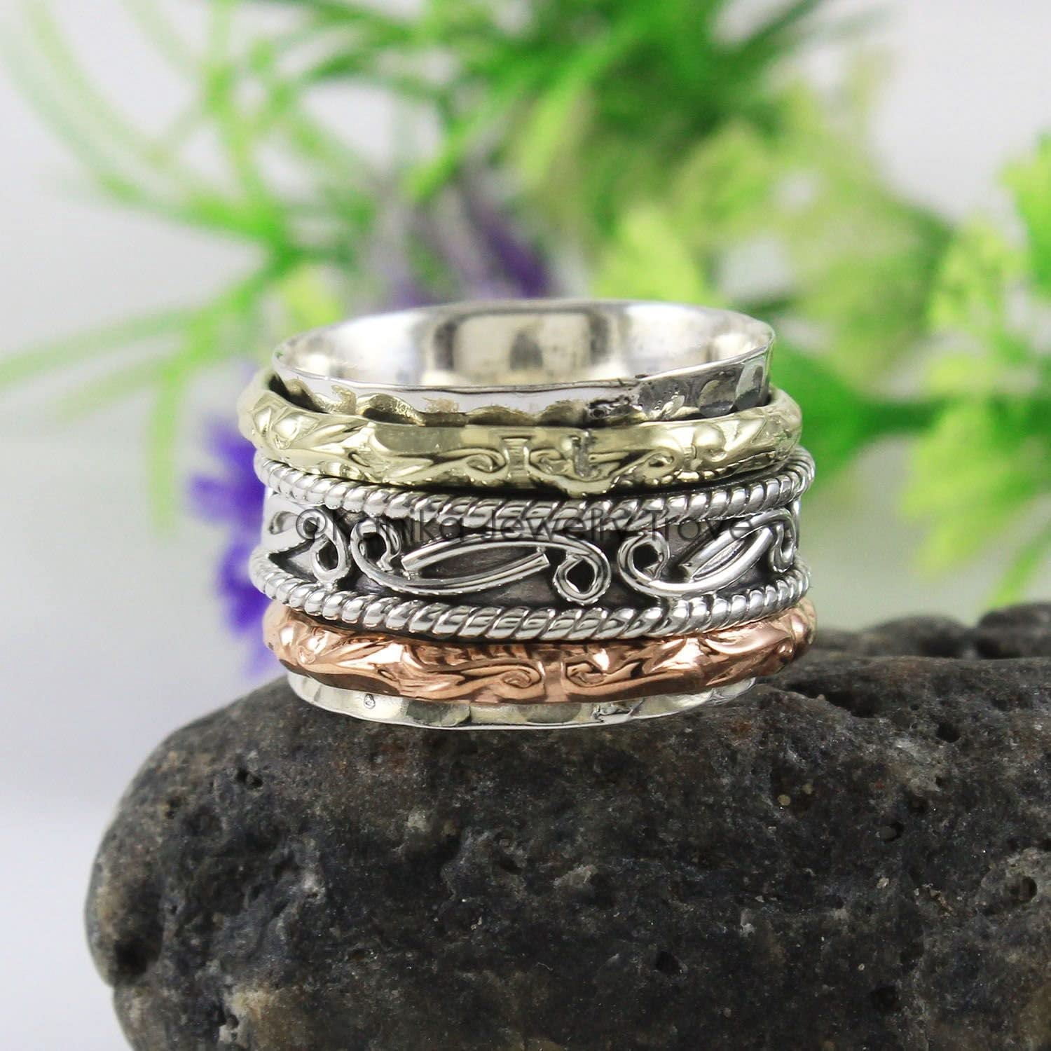 SS DESIGNS Sterling Silver Spinner Ring 925 Silver Anxiety Relief Band with Brass & Copper Fidget Spinners, Elegant Anti Stress Jewelry for Women