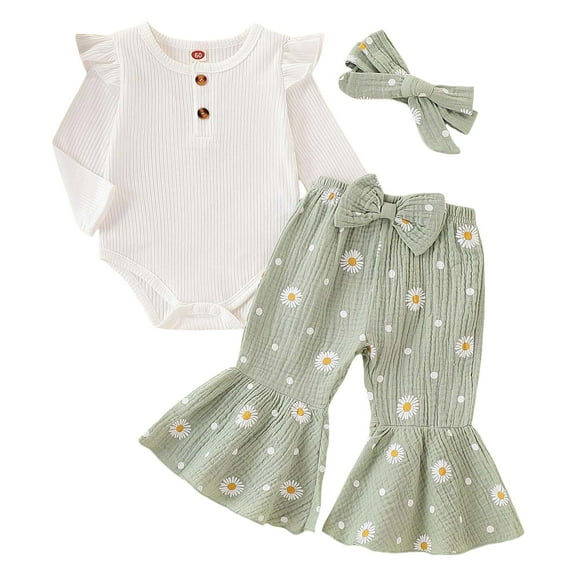 Caqnni Baby Girl Outfits Set Rib Frill Long Sleeve Romper Flared Pants Headband Set Fall Winter Outfits Toddler Gift 3 6 12 18 24 Months 2T 3T Outfits,18-24 Months