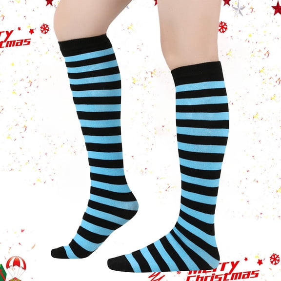 Wuxian Cute Socks Ladies Striped Knee High Stockings Calf Socks Christmas Socks Soft Cozy Breathable Lightweight Footwear,Blue,One Size