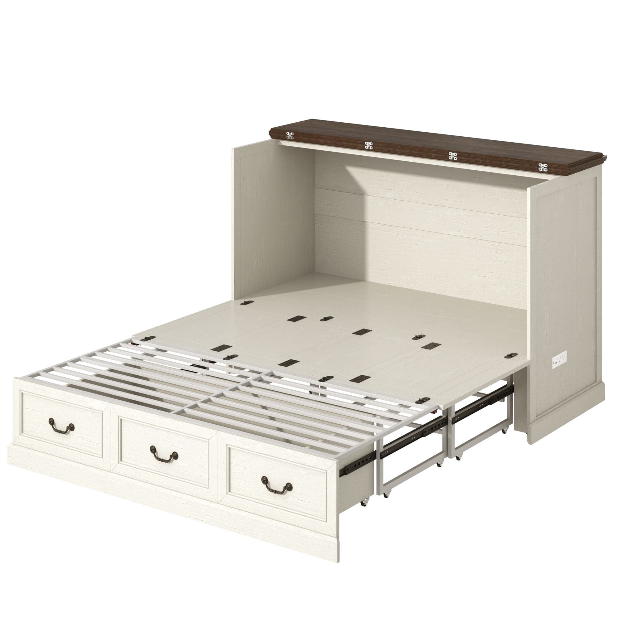 Queen Size Murphy Cabinet Bed with Large Drawer and Power Charging Station,Farmhouse Chest Bed for Living Room/Guest Room, No Wall Mounting Required
