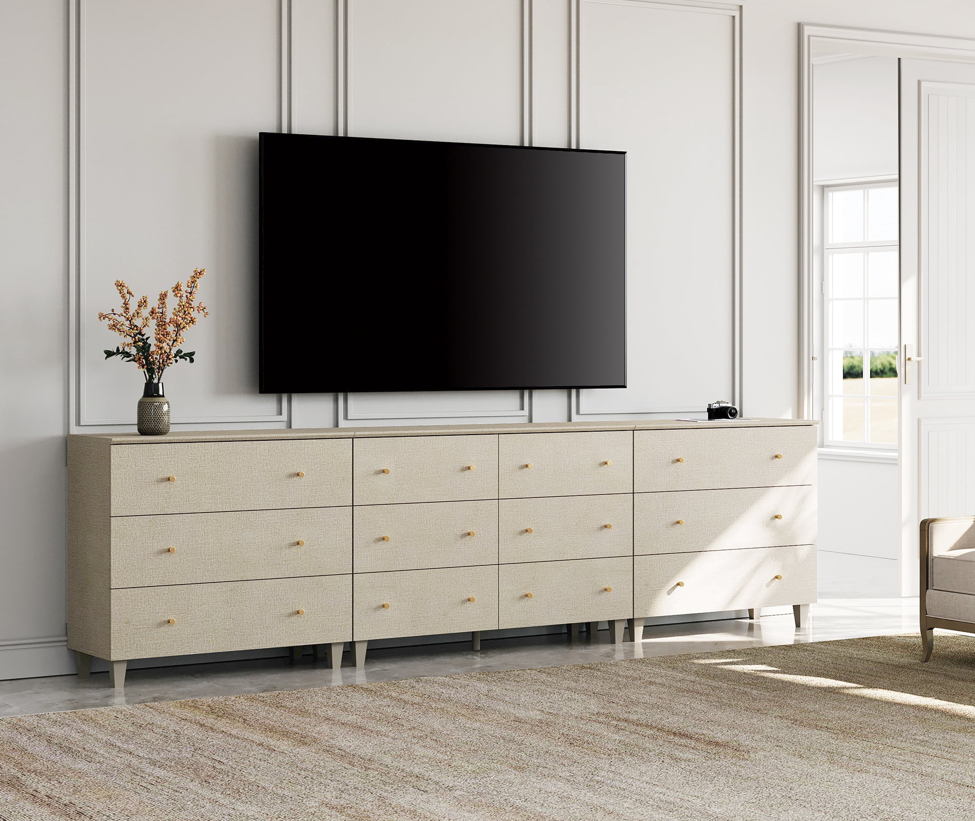 WAMPAT Modern TV Stand for 100+ Inches TVs, 3-in-1 Large Wooden Media Console with 12 Spacious Drawers for Living Room, Beige