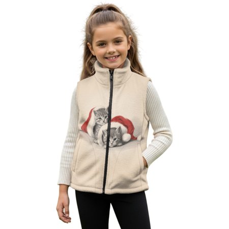 Xixirimido Cat with Christmas Hat Beige Pattern Boys Girls Full Zip Fleece Vest Sleeveless Stand Collar Outwear Warm Jacket with Pockets for 3T