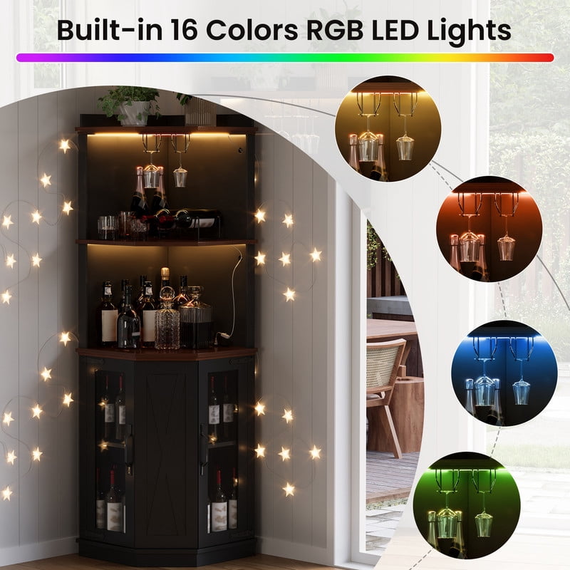 Triangular Corner Bar Cabinet with Power Outlet, Farmhouse Wine Storage Cabinet with Adjustable Shelves, LED Lights & Glass Rack