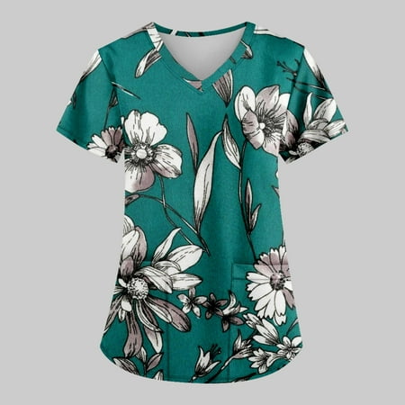 

TKing Fashion Women Plus Size Scrubs Top V-Neck Short Sleeve Flower Print Pockets Work Blouse for Women Green L