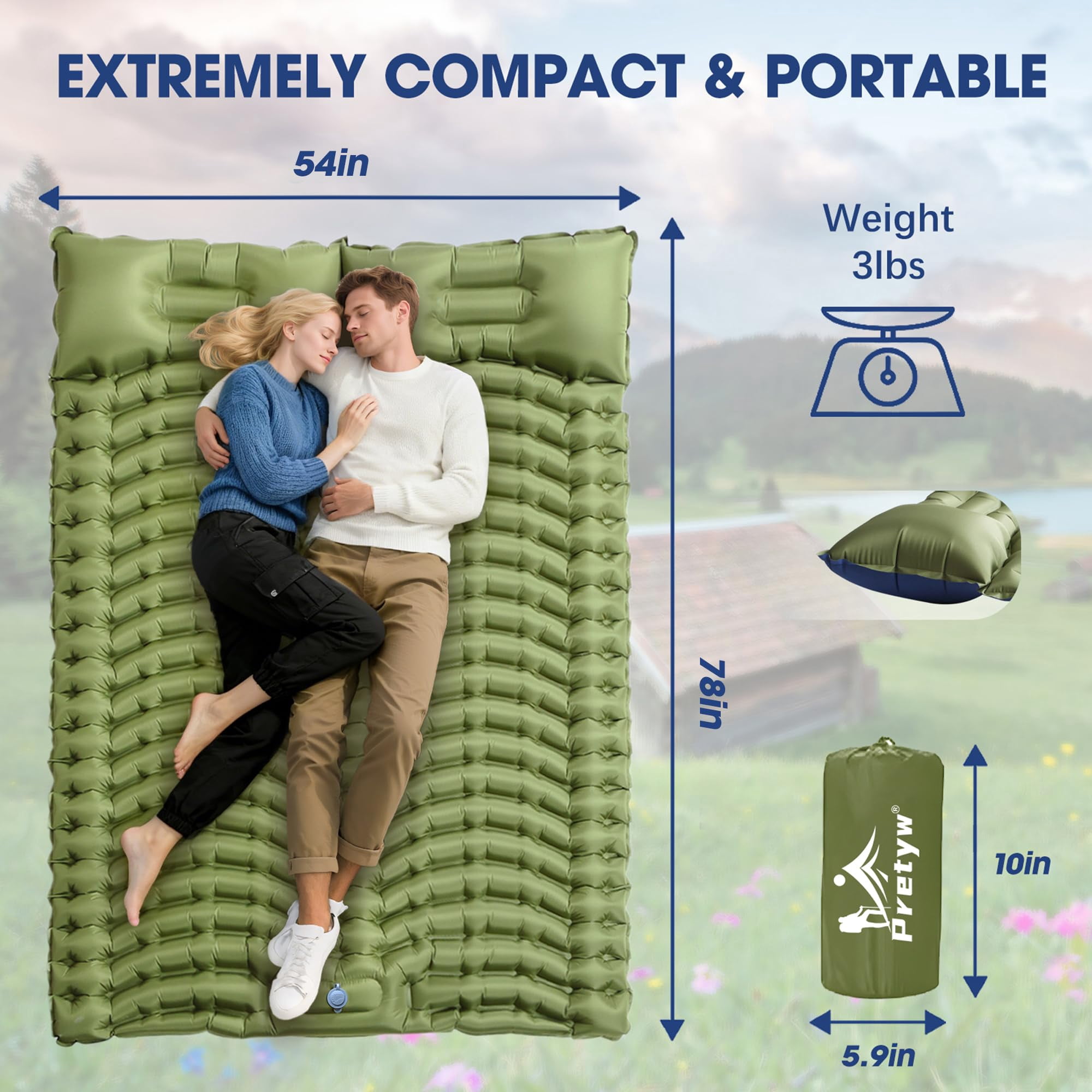 Double Sleeping Pad For Camping - Ultralight Mattress With Pillow  Built-in Foot Pump Compact Inflatable 2-person Portable Mat Backpacking Hiking Car Traveling Beach Tent