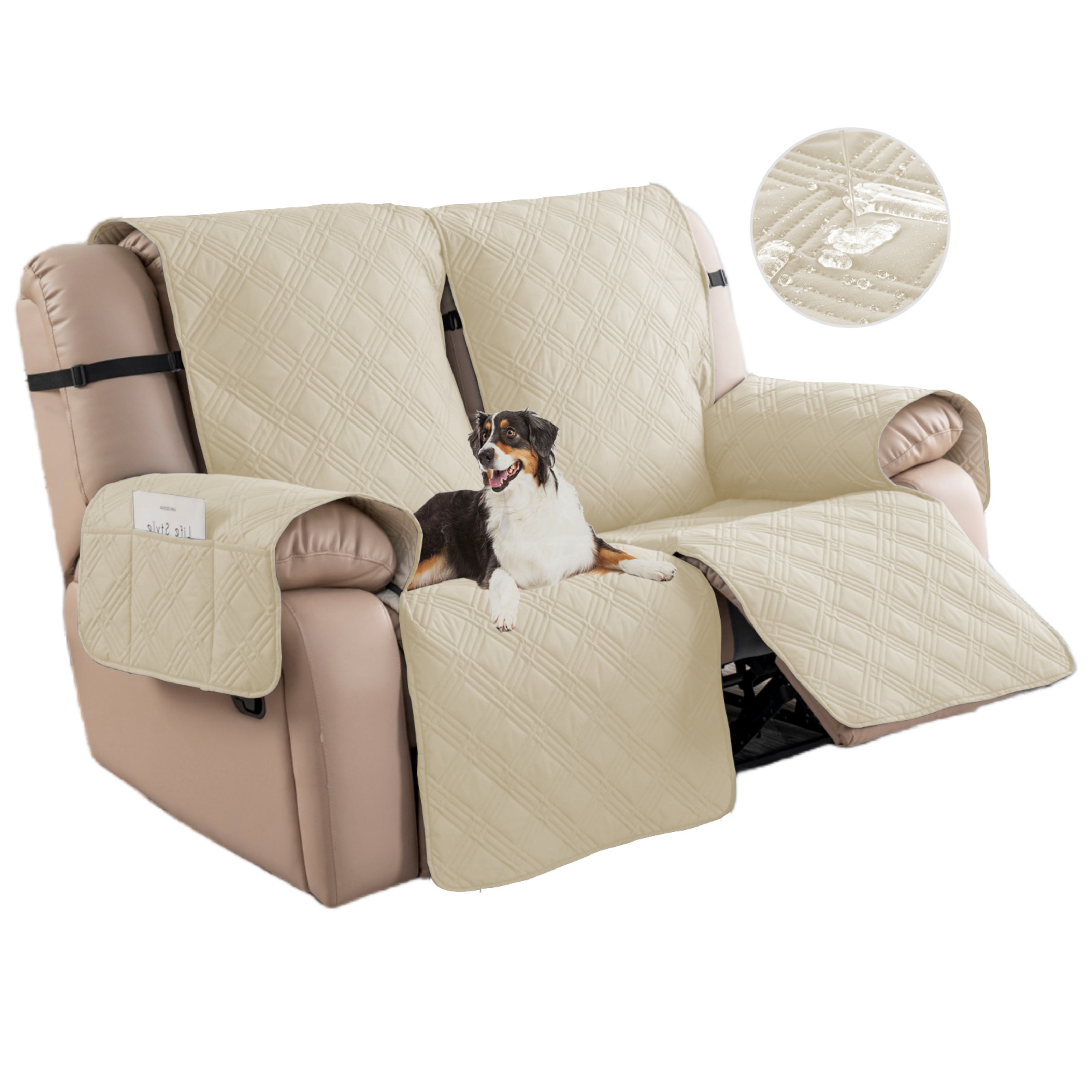 Lavish Cover 100% Waterproof Recliner Loveseat Cover, 2 Pieces Non-Slip Recliner Couch Slipcovers, Washable Furniture Protector with Pockets & Elastic Straps for Kids Pets, 2 Seaters, Beige