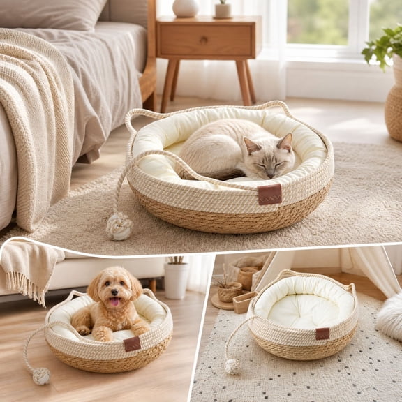 Rattan Cat Hideout Bed 35x35x13cm with Cotton Cushion and Pillow for Small Cats Kittens, Woven Wicker Cat Cave House with Hanging Toy Ball for Indoor Play Resting Sleeping, Portable Cat Shelter