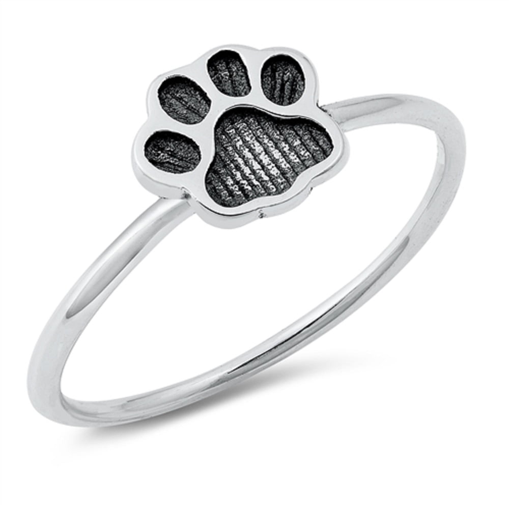 Gold Plated Black Paw Print Heart Sterling Silver Band Ring 2mm 