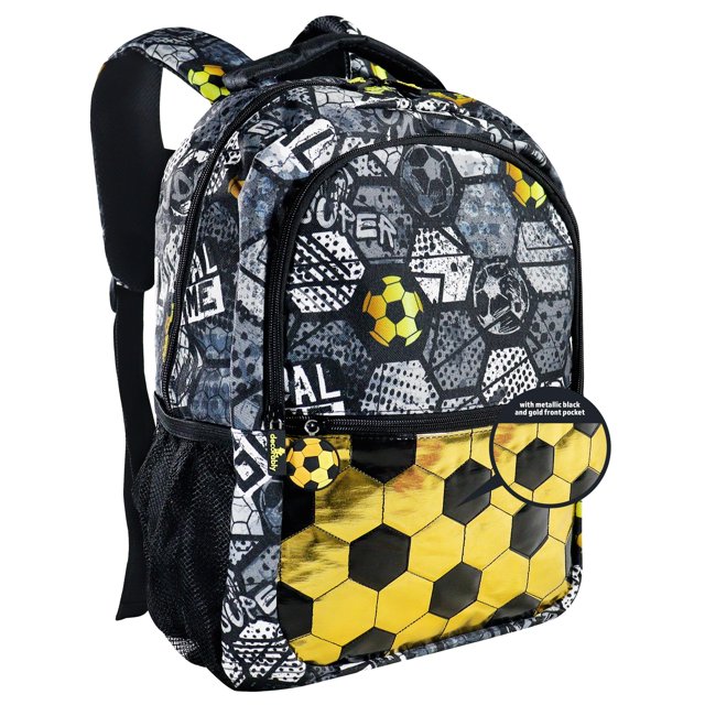 Mochila decorativa metálica para niños temática de fútbol 42 cm con 3 compartimentos