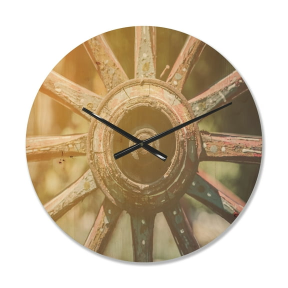 Designart 'Closeup Of Country Wagon Wheel' Farmhouse Wood Wall Clock