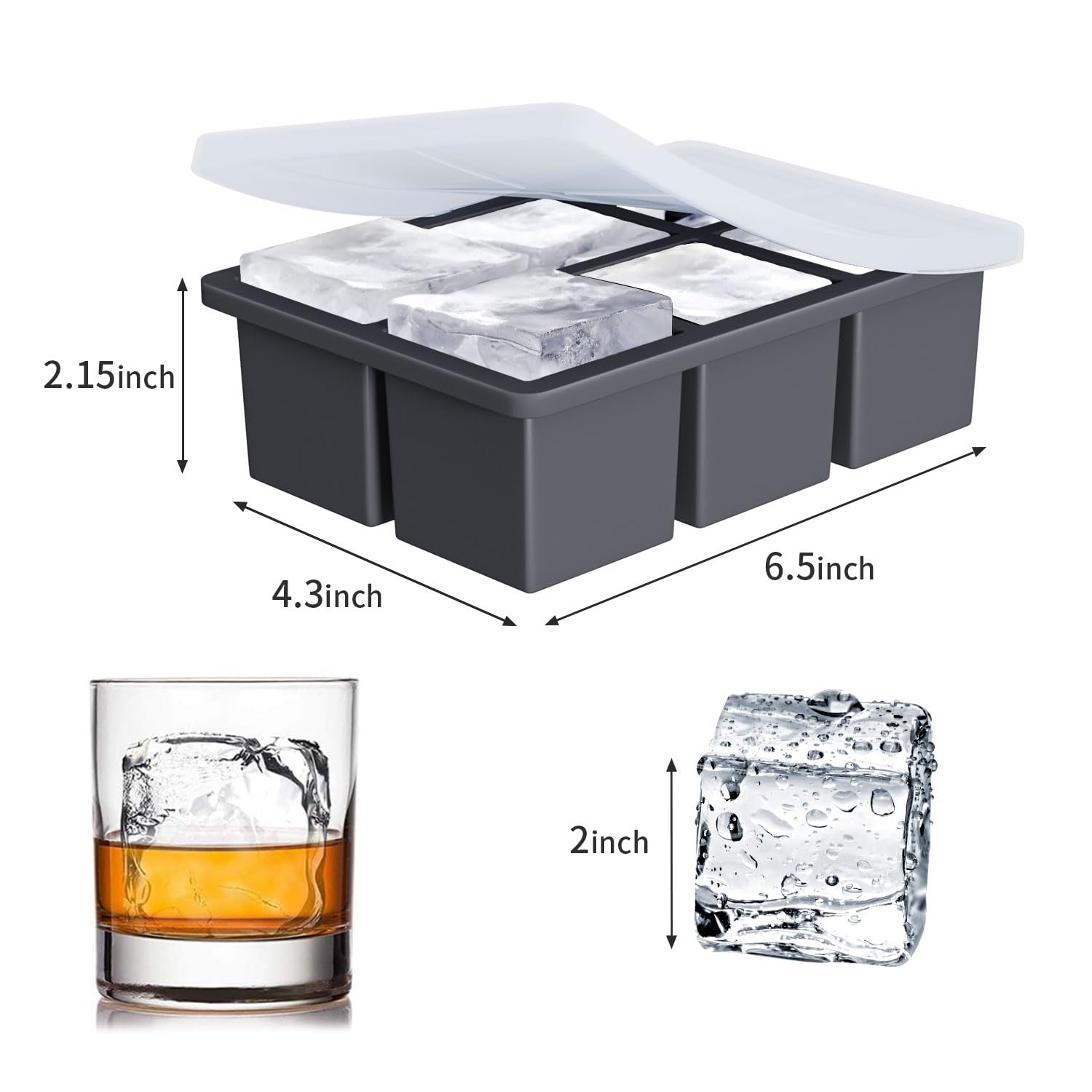 Large Ice Cube Tray For Whiskey:  Silicone Trays With Lid - 2pack Big Square Old Fashioned Maker Cocktail 2inch Huge Cubed Whisky