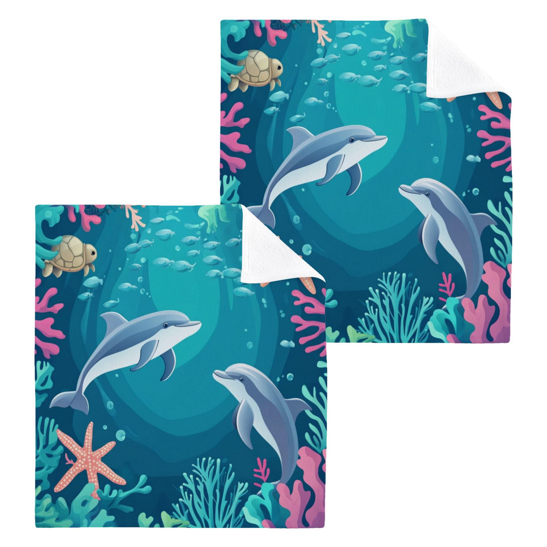Dolphin Playful Picture 100% Cotton Face Towel 12x12in Soft Absorbent Washcloth Durable Printed Hand Towels for Bathroom Travel 6 Pcs