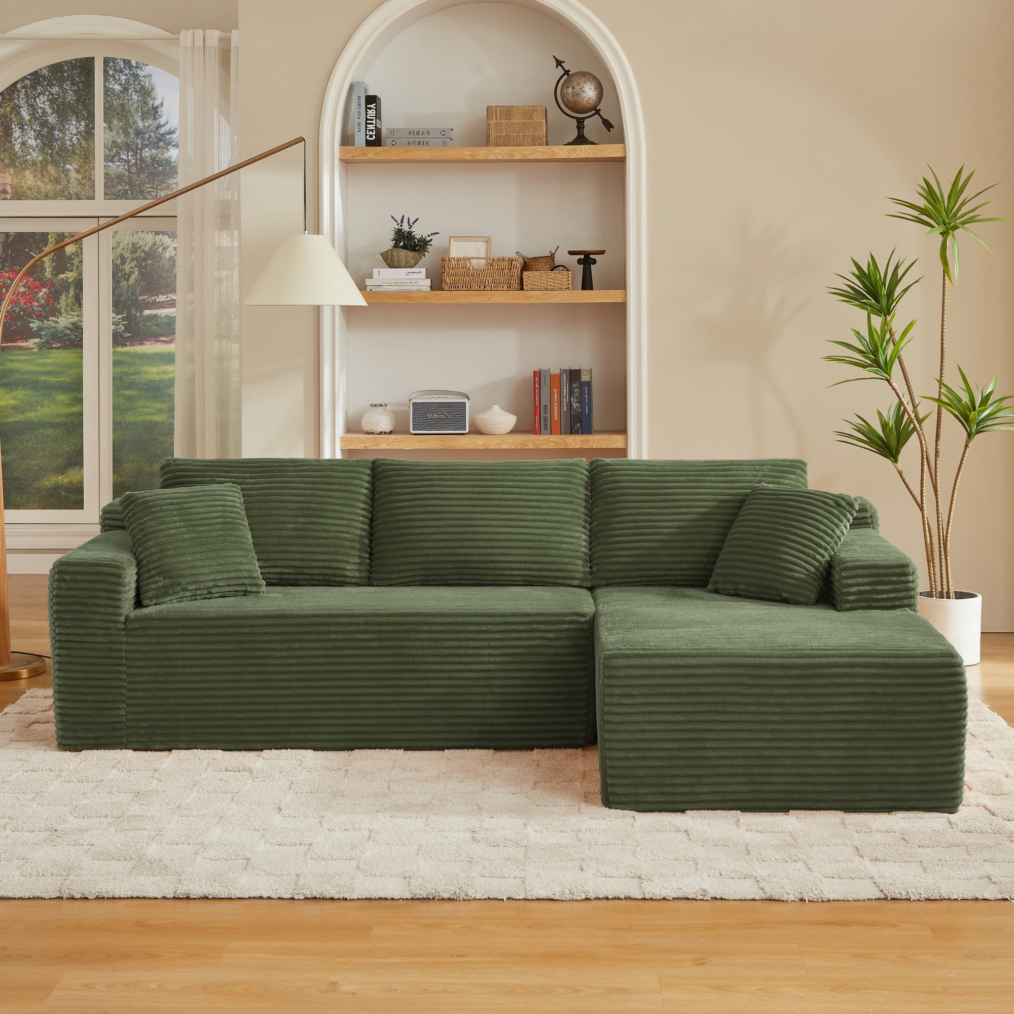 Aukfa 103" Modular Cloud Sectional Sofa, L-Shaped Boneless Couch with Right-Facing Chaise, Deep Seat Corduroy Sleeper Sofa for Living Room, Green