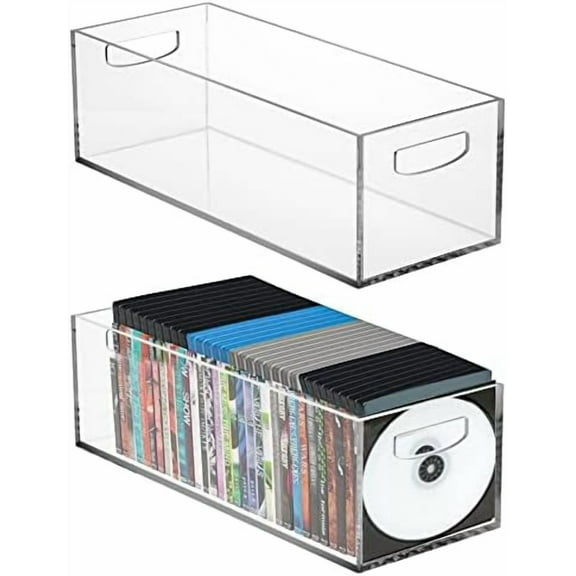 2 Pack Acrylic DVD/CD Storage Box, Clear DVD Holder Case with Handles, Stackable Storage Container Shelf Organizer Bin for CDs, Video Games, Blu-ray, Books, Home, Office