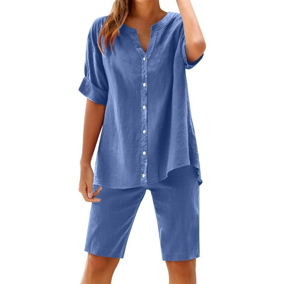 CheerKidz Cotton and Linen Sets for Women 2 Piece Button Down Short Sleeve V-Neck Shirts and Casual Shorts Set Matching Summer Lounge Sets(Blue,L)