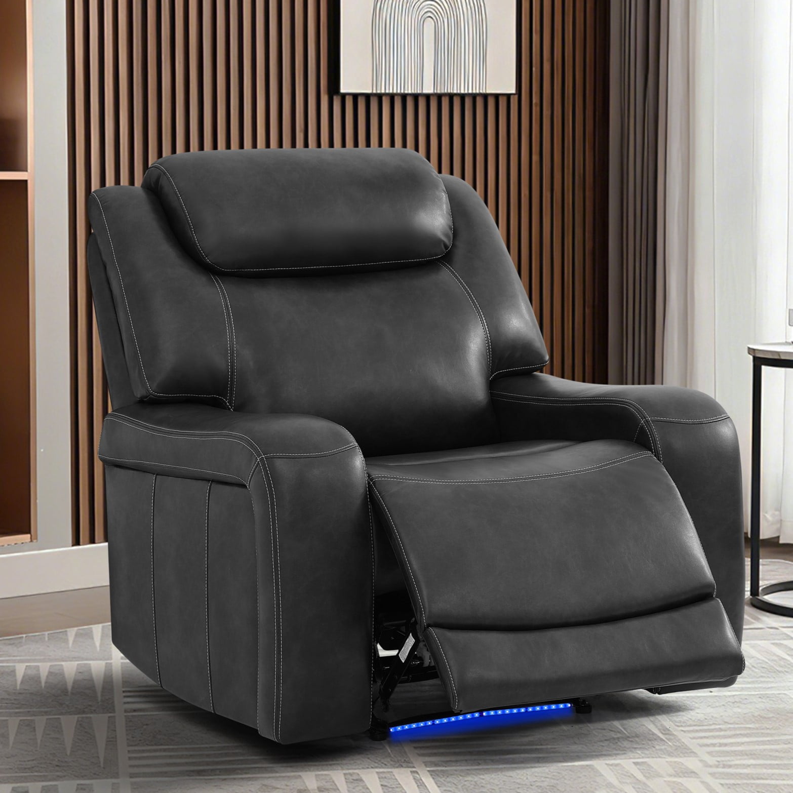 Gewnee Power Recliner Chair, Adjustable Reclining Lounge Chair with USB Ports, LED Lights, Air Leather Upholstered Single Sofa Recliner for Living Room, Office, Black