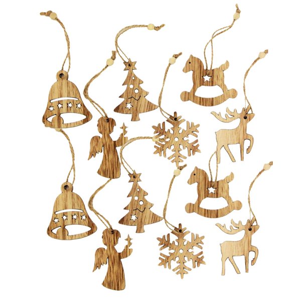 Adornos navideños colgantes de madera para manualidades, decoración y artículos para fiestas. 12 piezas surtidas
