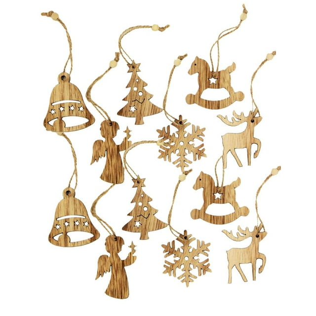 jifeng 12pcs Wooden Christmas Tree Ornament Xmas Hanging Bell Snowflake Decoration 12pcs Assorted