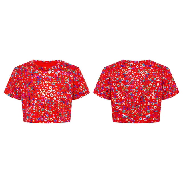 Linjinx T-Shirt de Danse de Rue Jazz Hip Hop Métallique pour Fille Manches Courtes Vêtements de Cheerleading Rouge 160