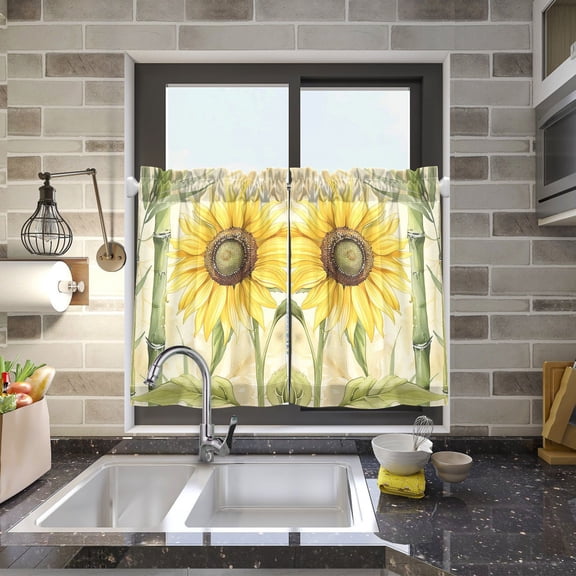 Sunflower Bamboo Kitchen Curtains Half Tier Curtain 2 Rod Pockets Bathroom Bedroom Cupborad Living Room 27"x24"