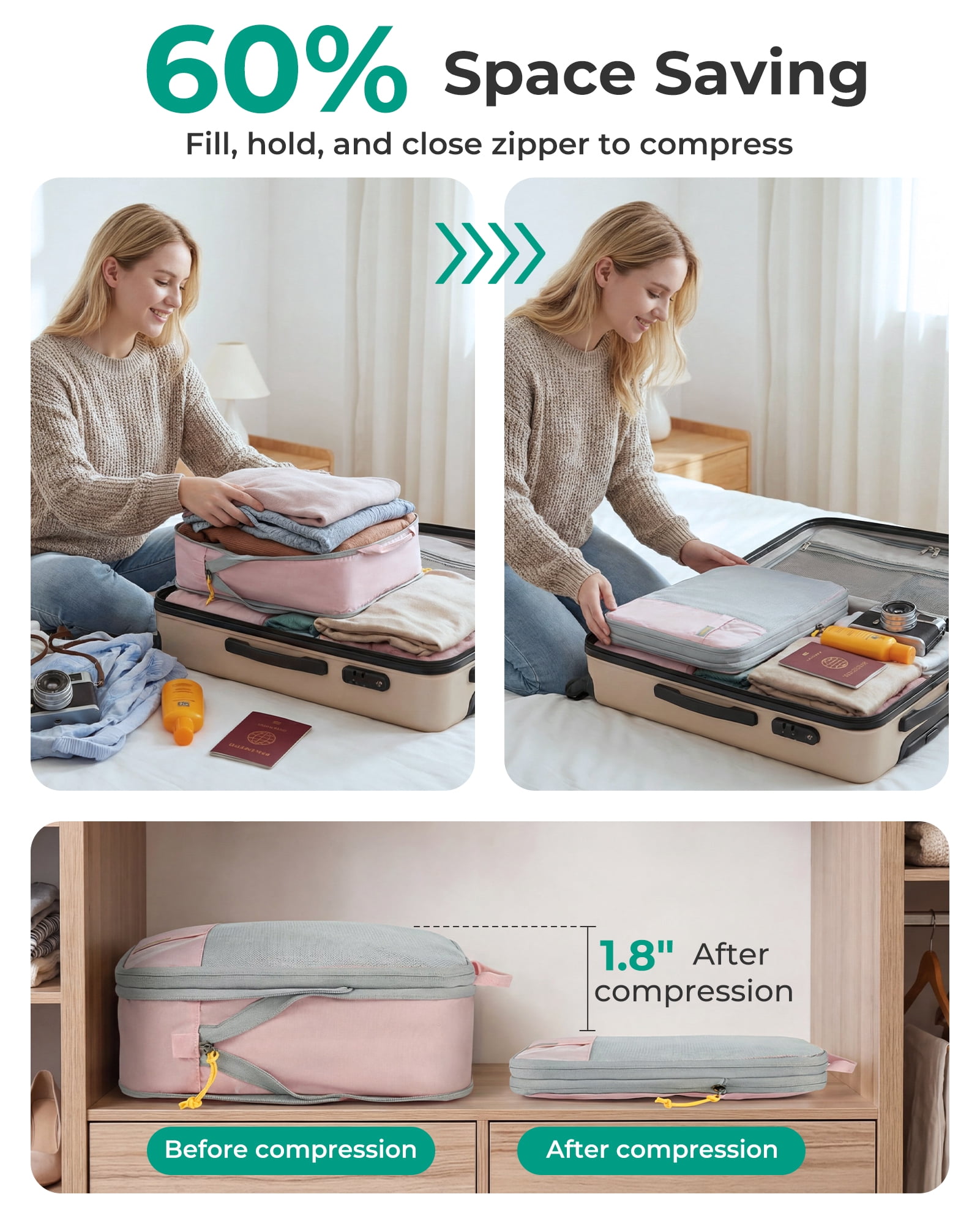 BAGSMART Compression Packing Cubes for Travel Luggage, 6 Pcs Expandable Packing Organizers Foldable Lightweight Suitcase Storage Bags for Travel Accessories, Women Men, Baby Pink