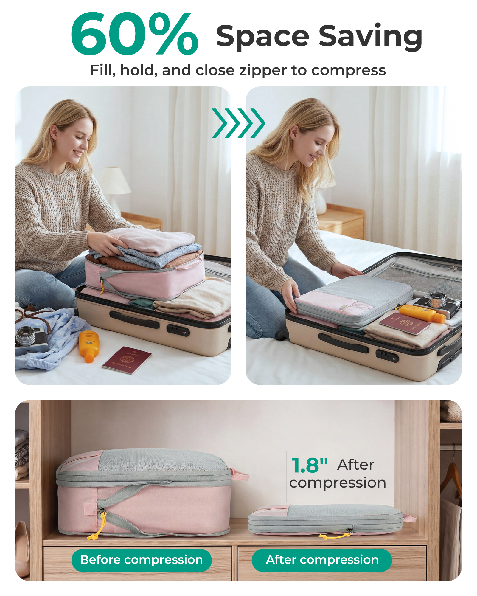 Bagsmart Compression Packing Cubes, 6-Piece Set, Pink photo 5