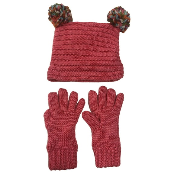 Girls Pink Sparkle Knit Beanie Hat & Gloves Set Fleece Lined Small