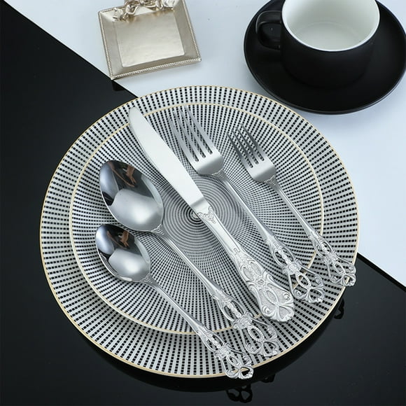 Juego de cubiertos de acero inoxidable de 5 piezas, cuchillo de bistec occidental en relieve plateado, cuchara de tenedor, cubiertos aptos para lavavajillas de grado hotelero para cenas formales
